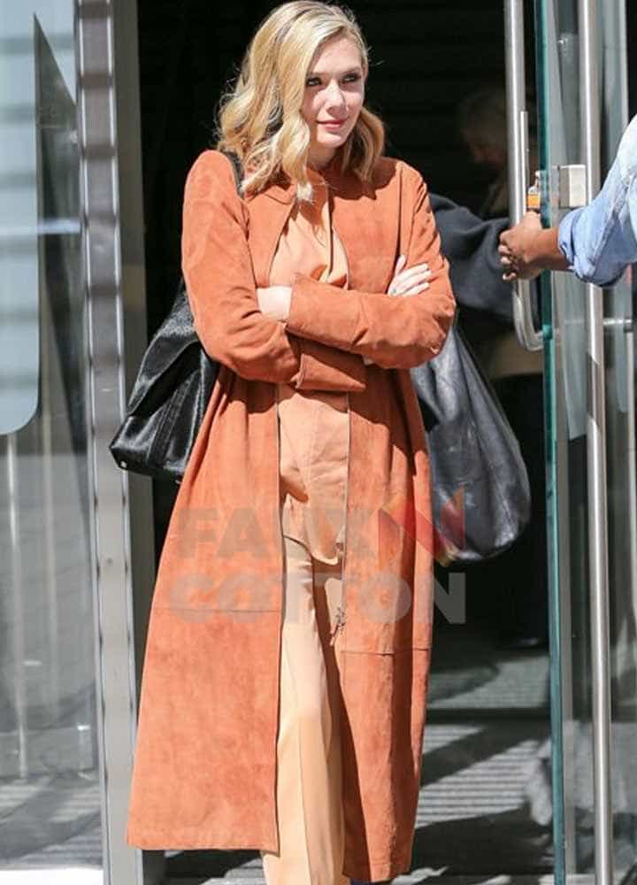 Elizabeth Olsen Brown Suede Trench Coat